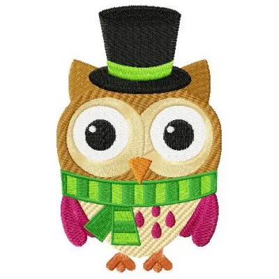 Funny owl in hat embroidery design showcasing a whimsical owl motif perfect for creative projects.
