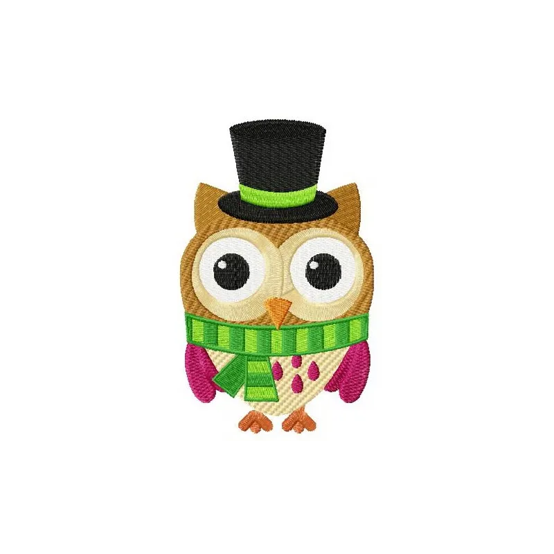 Funny owl in hat embroidery design showcasing a whimsical owl motif perfect for creative projects.