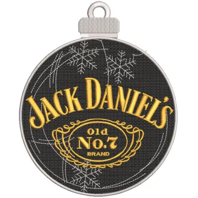 Embroidery design preview of a Jack Daniels Christmas ball pattern with festive elements and vibrant colors.
