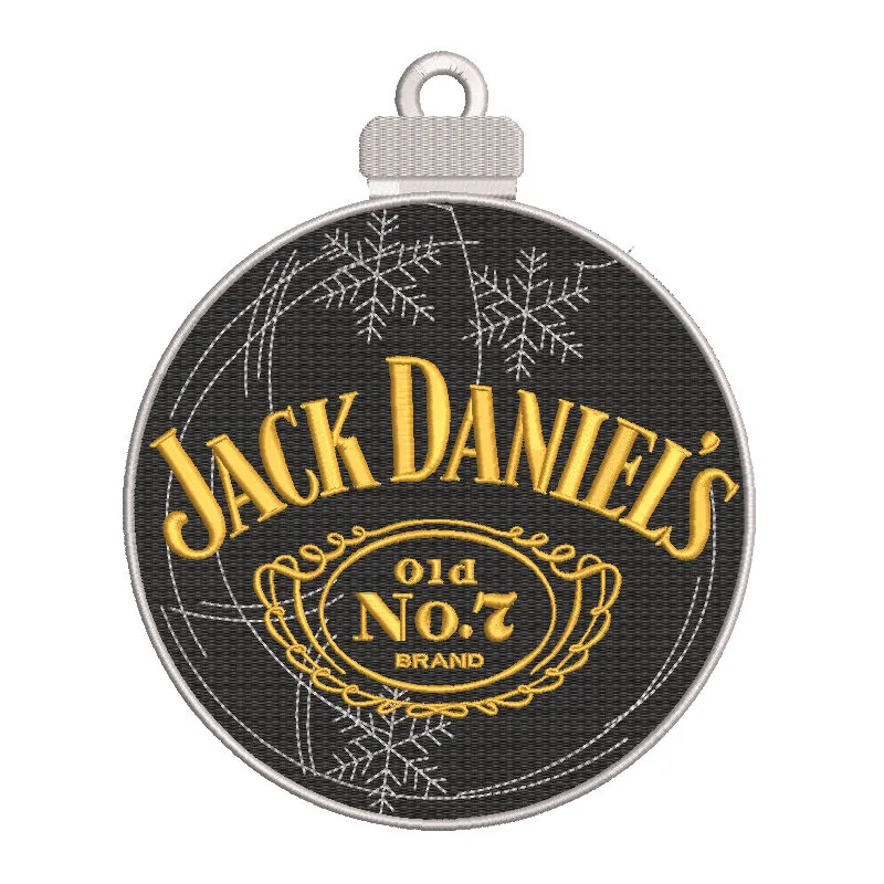 Embroidery design preview of a Jack Daniels Christmas ball pattern with festive elements and vibrant colors.