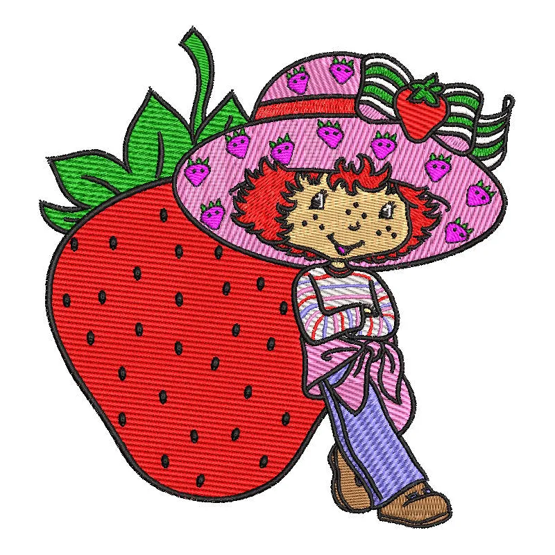 Strawberry Shortcake with Strawberry embroidery design showcasing vibrant colors and playful motifs for creative projects.