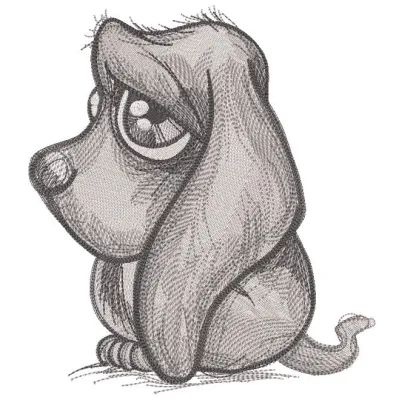Preview of a sad puppy grayscale embroidery design featuring detailed stitching and clean edges.