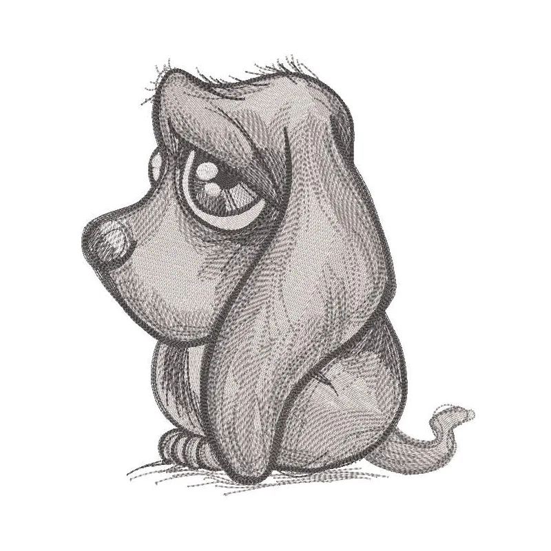 Preview of a sad puppy grayscale embroidery design featuring detailed stitching and clean edges.