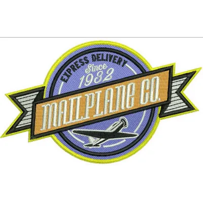 Mailplane co. embroidery design featuring a vintage aviation label, ideal for stitching on t-shirts or tote bags.