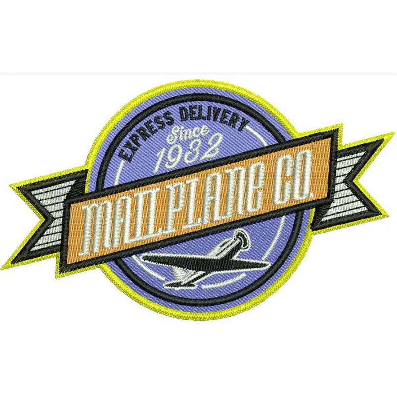 Mailplane co. embroidery design featuring a vintage aviation label, ideal for stitching on t-shirts or tote bags.