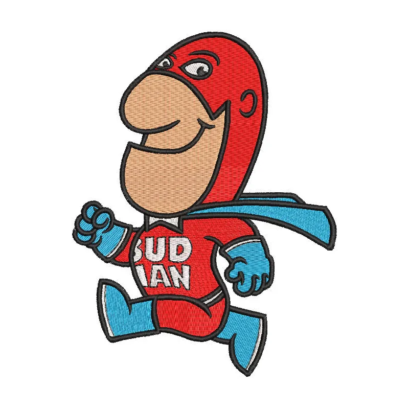 Embroidery design preview of the Budweiser Budman featuring vibrant colors and detailed stitching.