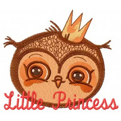 Owl princess 3 embroidery design featuring a whimsical owl in a crown, ideal for baby onesies and tote bags.