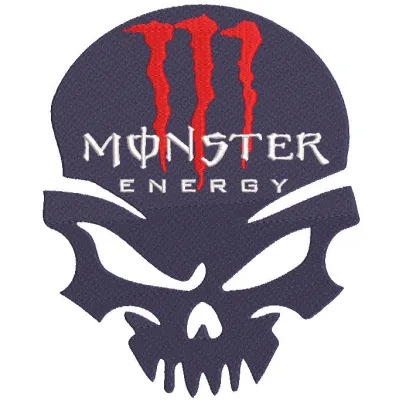 Monster Energy Calavera embroidery design preview showcasing vibrant colors and detailed stitching.