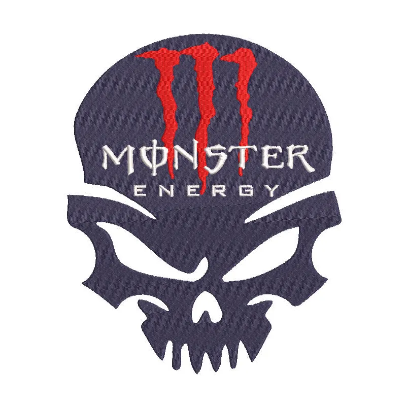 Monster Energy Calavera embroidery design preview showcasing vibrant colors and detailed stitching.