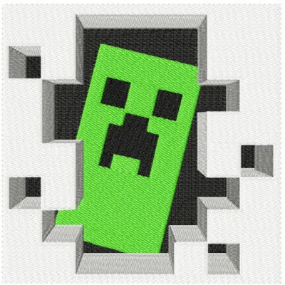 Embroidery design featuring a Minecraft Creeper peeking through a door, ideal for creative crafting projects.