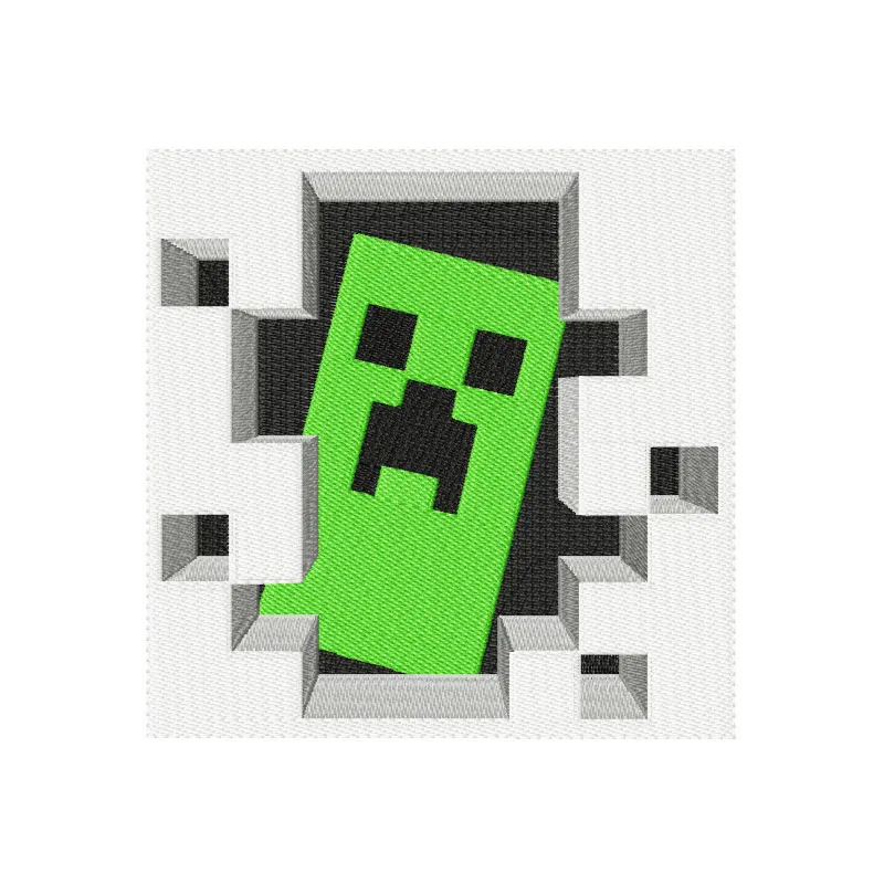 Embroidery design featuring a Minecraft Creeper peeking through a door, ideal for creative crafting projects.