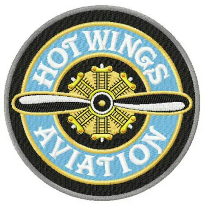 Hot wings aviation embroidery design featuring a vintage label style, ideal for caps and jackets.