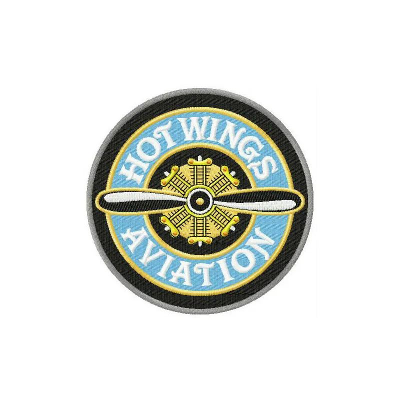 Hot wings aviation embroidery design featuring a vintage label style, ideal for caps and jackets.