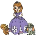 Sofia with pets embroidery design featuring Sofia The First surrounded by adorable animals for creative stitching.