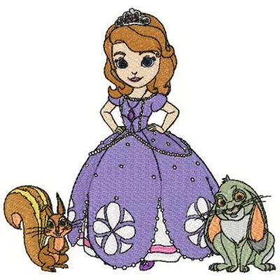 Sofia with pets embroidery design featuring Sofia The First surrounded by adorable animals for creative stitching.