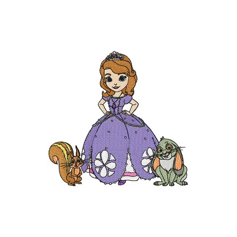 Sofia with pets embroidery design featuring Sofia The First surrounded by adorable animals for creative stitching.