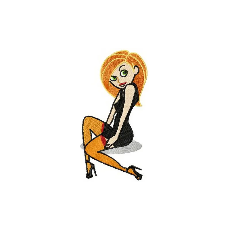 Seductive Kim Possible embroidery design showcasing a stylish character pattern for fun projects on apparel and accessories.