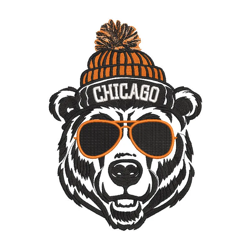Embroidery design preview of Chicago Bear sunglasses pattern for machine stitching.