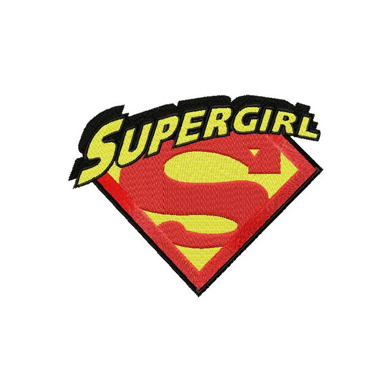 Preview of Supergirl classic logo embroidery design, showcasing vibrant stitching pattern for capes and apparel.