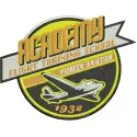 Academy flight training school embroidery design showcasing a vintage aviation label, ideal for stitching on apparel.