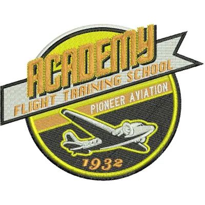 Academy flight training school embroidery design showcasing a vintage aviation label, ideal for stitching on apparel.