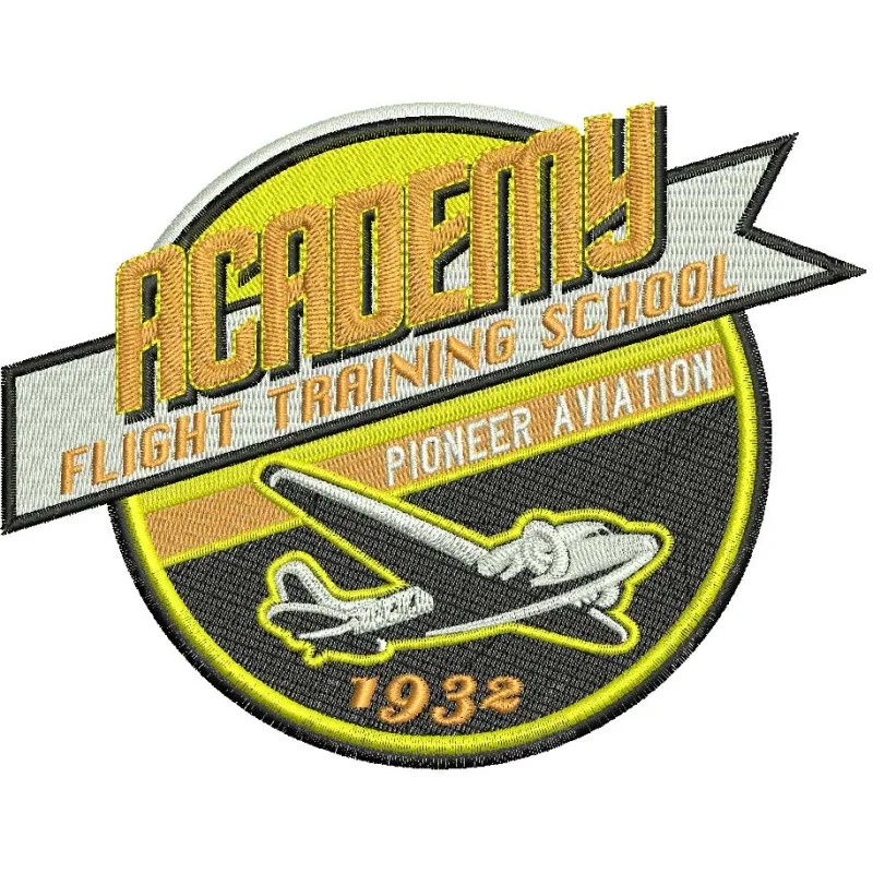 Academy flight training school embroidery design showcasing a vintage aviation label, ideal for stitching on apparel.