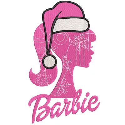 Preview of a Barbie Santa hat embroidery design featuring vibrant colors and detailed stitching.