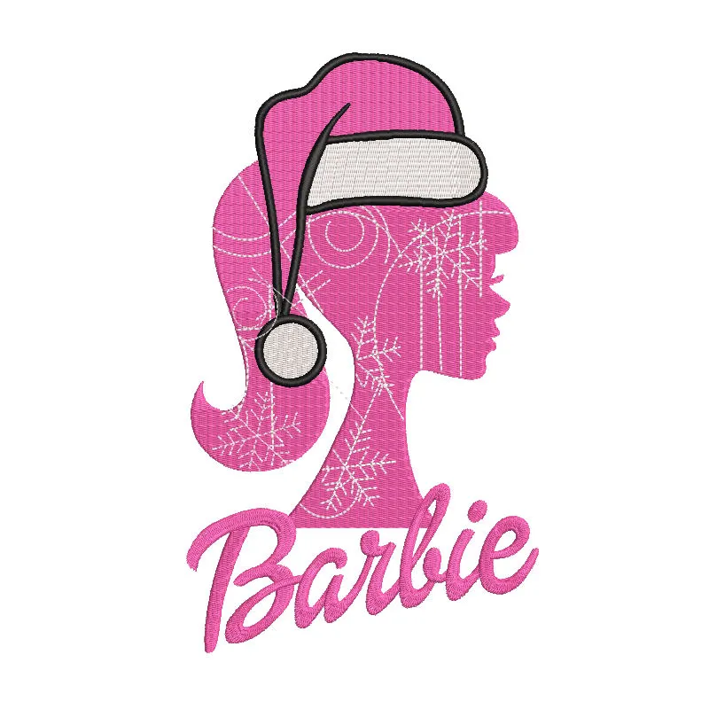 Preview of a Barbie Santa hat embroidery design featuring vibrant colors and detailed stitching.