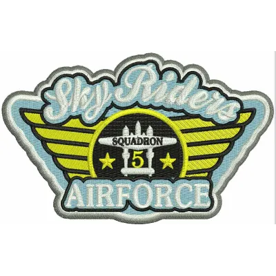 Sky Riders Airforce embroidery design featuring vintage aviation motifs for stitching on apparel and accessories.