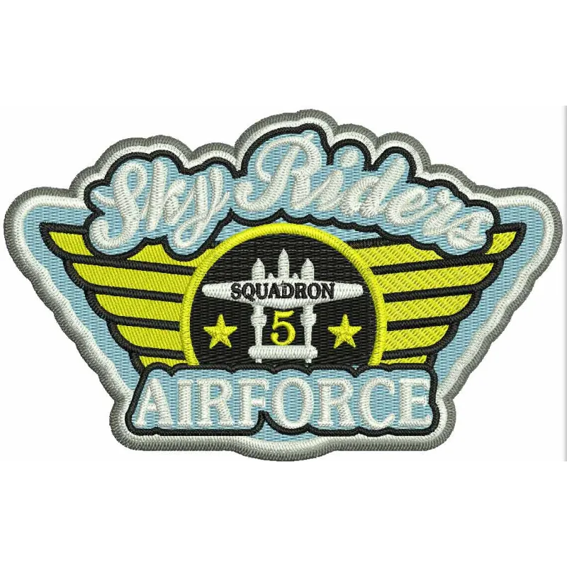Sky Riders Airforce embroidery design featuring vintage aviation motifs for stitching on apparel and accessories.