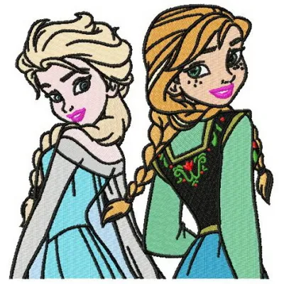 Preview of the Frozen sisters embroidery design showcasing Anna and Elsa in a vibrant and playful stitching motif.