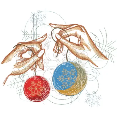 Preview of a Decorating the Christmas Tree embroidery design featuring vibrant colors and detailed stitching.