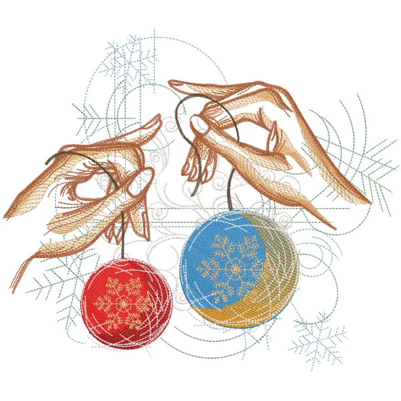 Preview of a Decorating the Christmas Tree embroidery design featuring vibrant colors and detailed stitching.