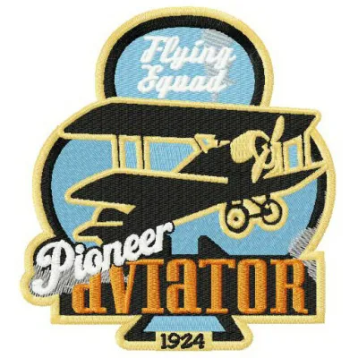 Pioneer aviator embroidery design showcasing a vintage label style, ideal for stitching on caps and jackets.