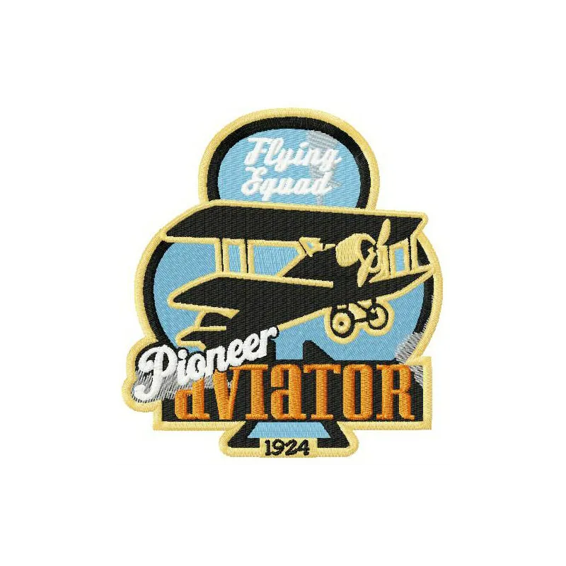 Pioneer aviator embroidery design showcasing a vintage label style, ideal for stitching on caps and jackets.