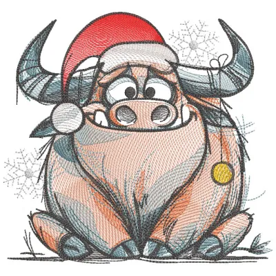 Preview of a Christmas Highland cow embroidery design featuring festive details and vibrant colors.