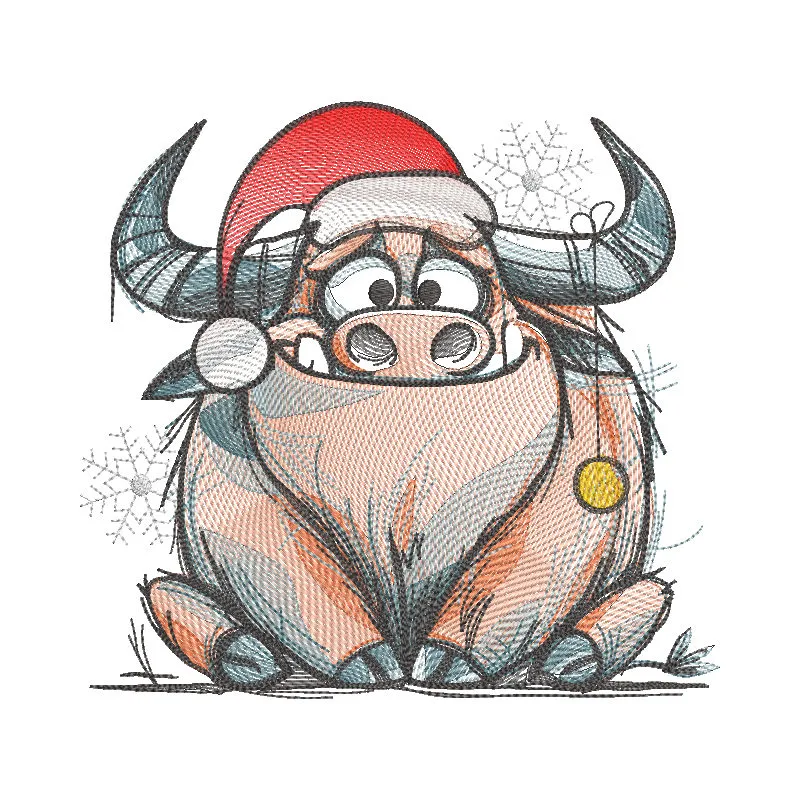 Preview of a Christmas Highland cow embroidery design featuring festive details and vibrant colors.