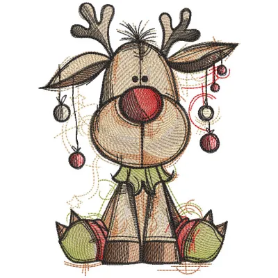 Embroidery design preview of Rudolf Christmas Time featuring a festive reindeer with vibrant details.
