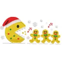 Embroidery design preview of Pac Man Christmas theme featuring festive colors and playful characters.