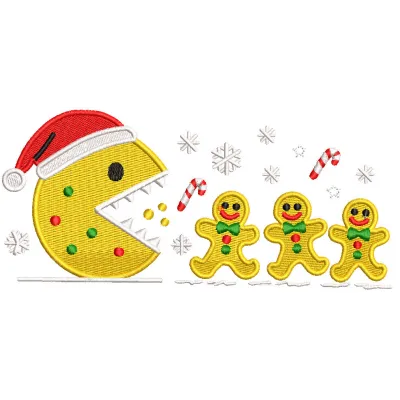 Embroidery design preview of Pac Man Christmas theme featuring festive colors and playful characters.