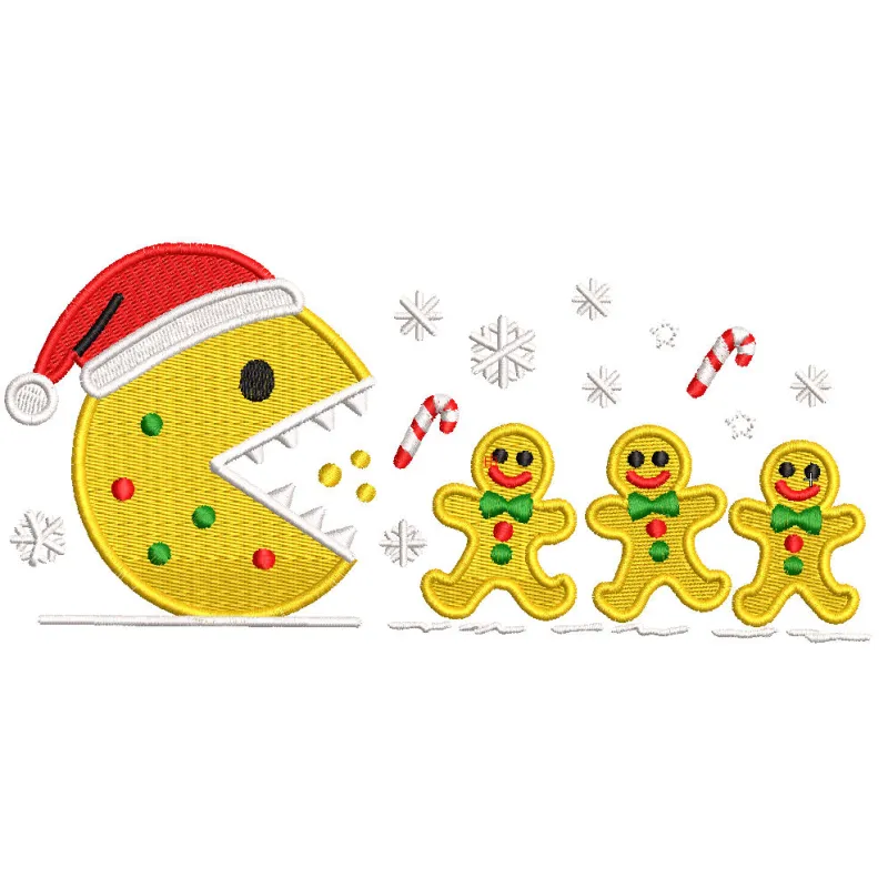 Embroidery design preview of Pac Man Christmas theme featuring festive colors and playful characters.
