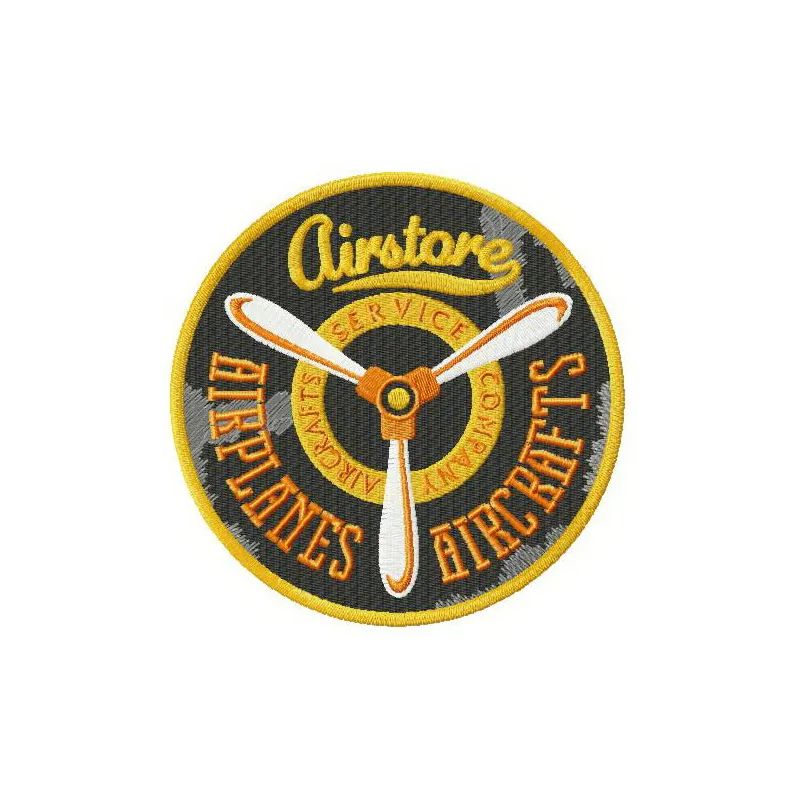 Preview of an aircrafts service company embroidery design featuring a vintage aviation label motif.