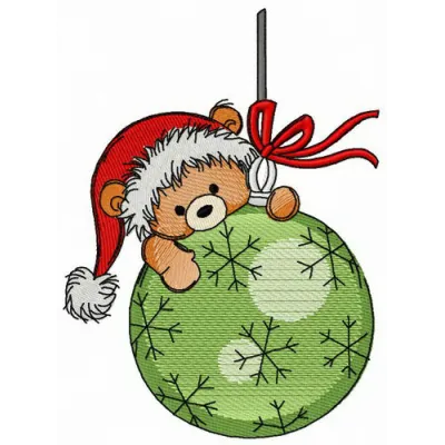 Climbing on Christmas ball embroidery design featuring playful characters on a festive ornament.