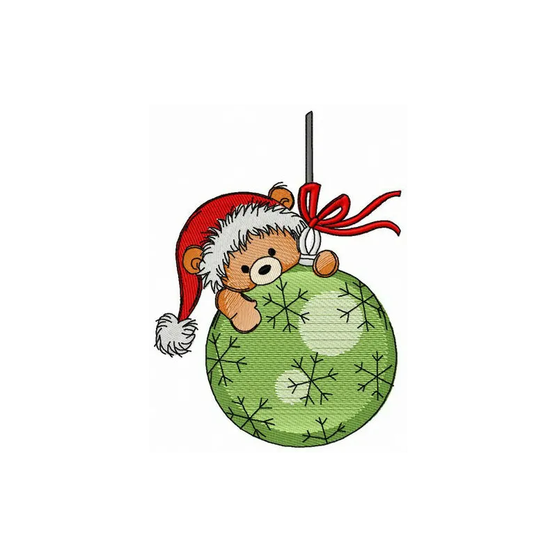 Climbing on Christmas ball embroidery design featuring playful characters on a festive ornament.
