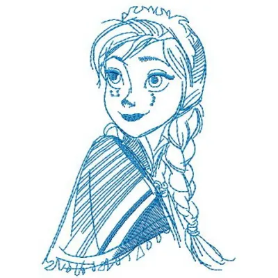 Preview of Anna sketch embroidery design from Frozen, showcasing a whimsical stitching pattern for creative projects.