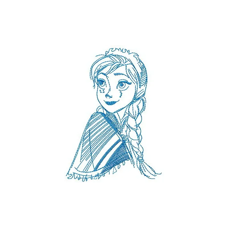 Preview of Anna sketch embroidery design from Frozen, showcasing a whimsical stitching pattern for creative projects.