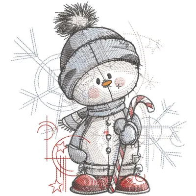 Embroidery design preview of a joyful snowman holding a candy cane with colorful stitching details.