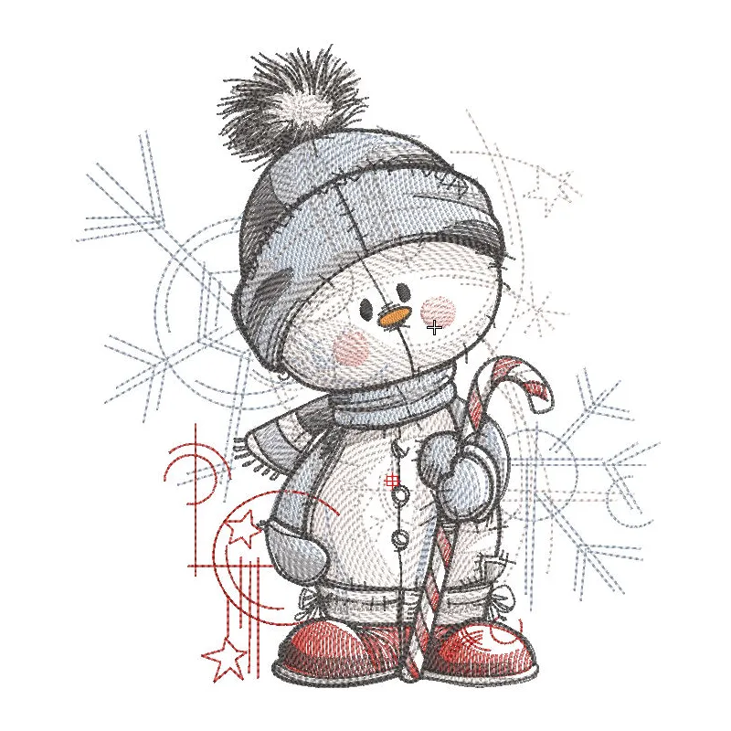 Embroidery design preview of a joyful snowman holding a candy cane with colorful stitching details.