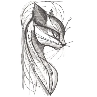 Embroidery design preview featuring a cat in shades of gray, showcasing detailed stitching and vibrant colors.