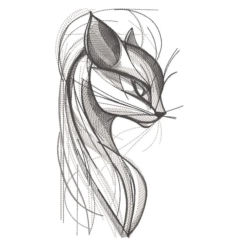 Embroidery design preview featuring a cat in shades of gray, showcasing detailed stitching and vibrant colors.